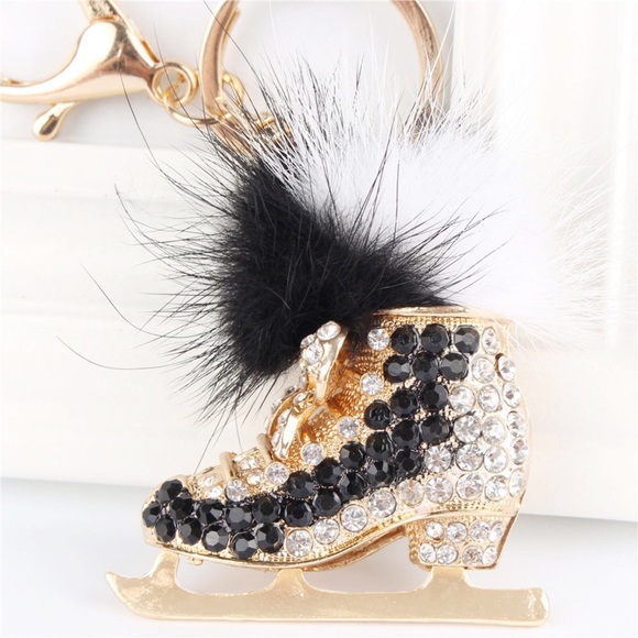 Black & Gold Crystal Ice Skate with Pom Pom Keychain Charm - Picture 2 of 8